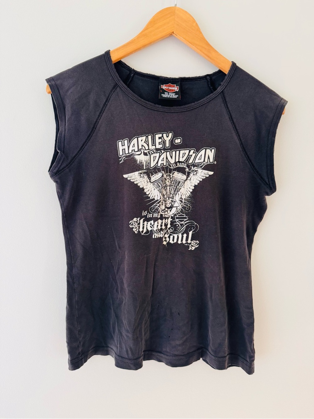 Harley Davidson Womens L Distressed Graphic Tee Faded Black Grunge Biker